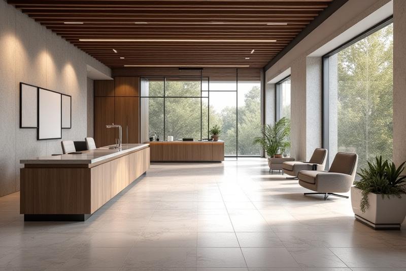 Blick auf die moderne Vitrina Stones Zentrale mit industrieller Eleganz und natürlichen Steinelementen